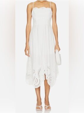 Milly Camilla White Cotton Eyelet Midi Dress. Scalloped Neckline and Hem. Sz 12